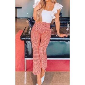 Zara Gingham Red High-Rise Mini Kick-Flare Ankle Stretch Vintage-Inspired Pants